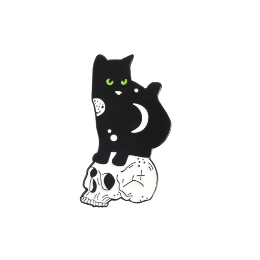 Gothic Cat Sitting on Skull Pin